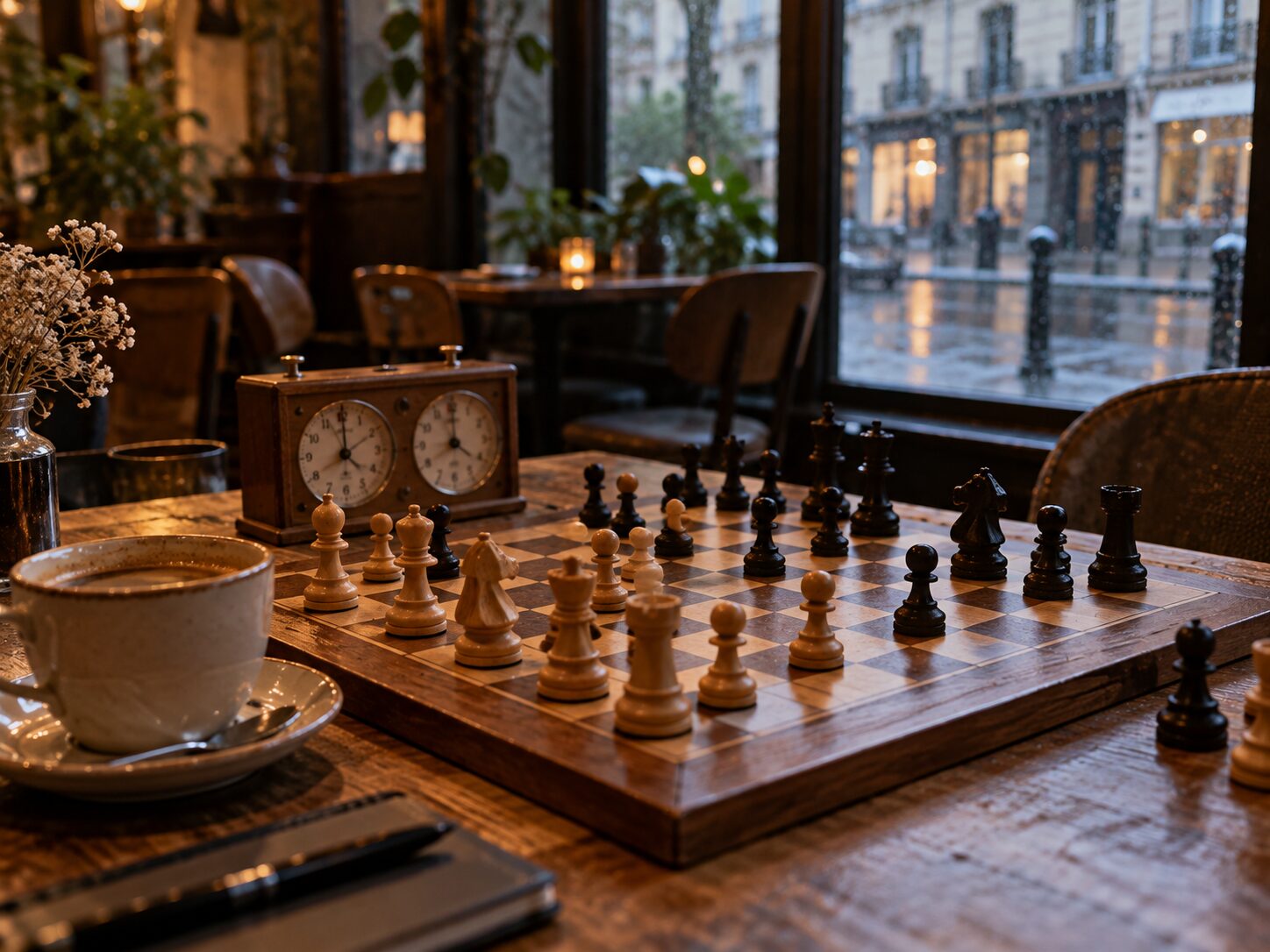 Échiquier en cours de partie sur une table de café
